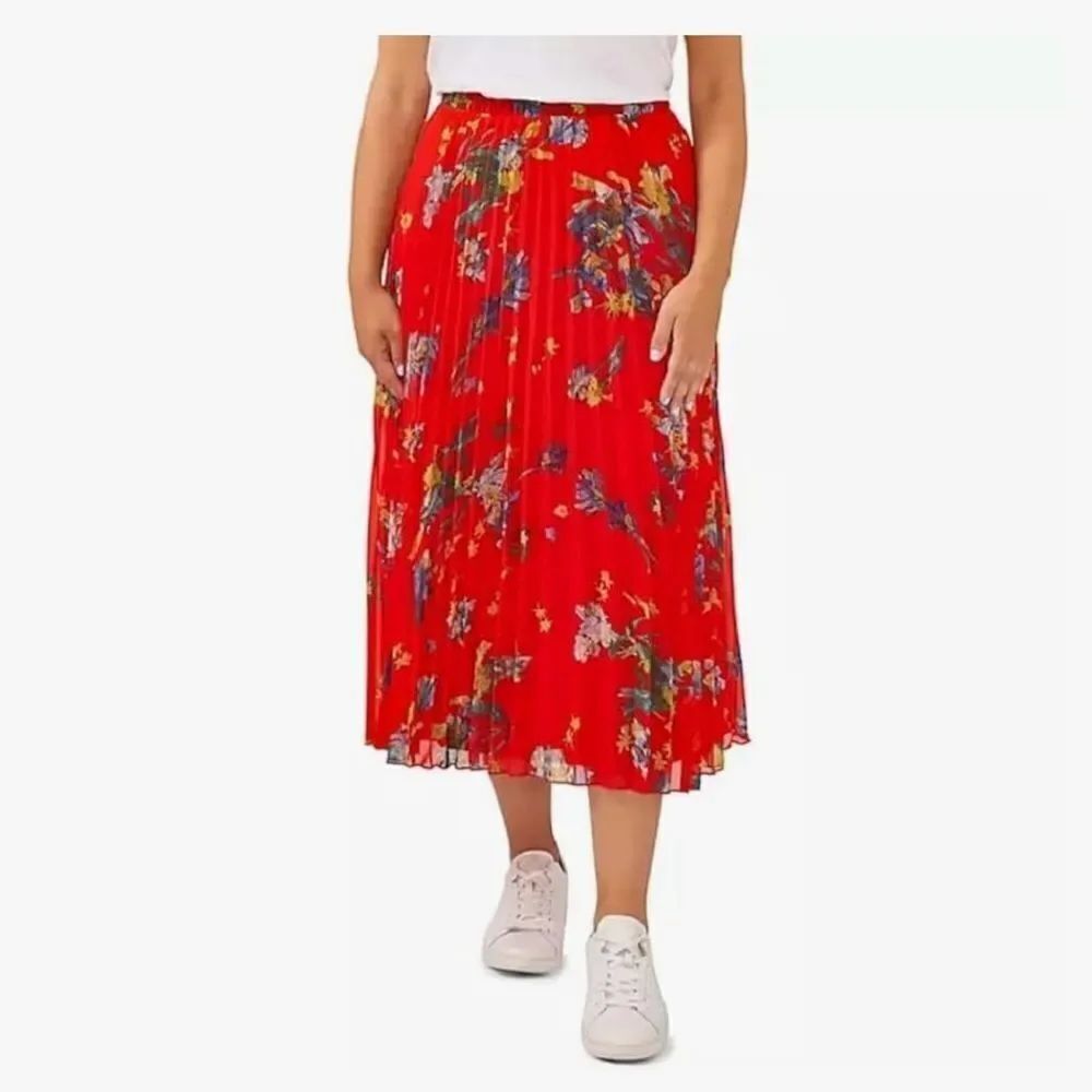 Vince Camuto large Floral Red Pleated Skirt (r1)